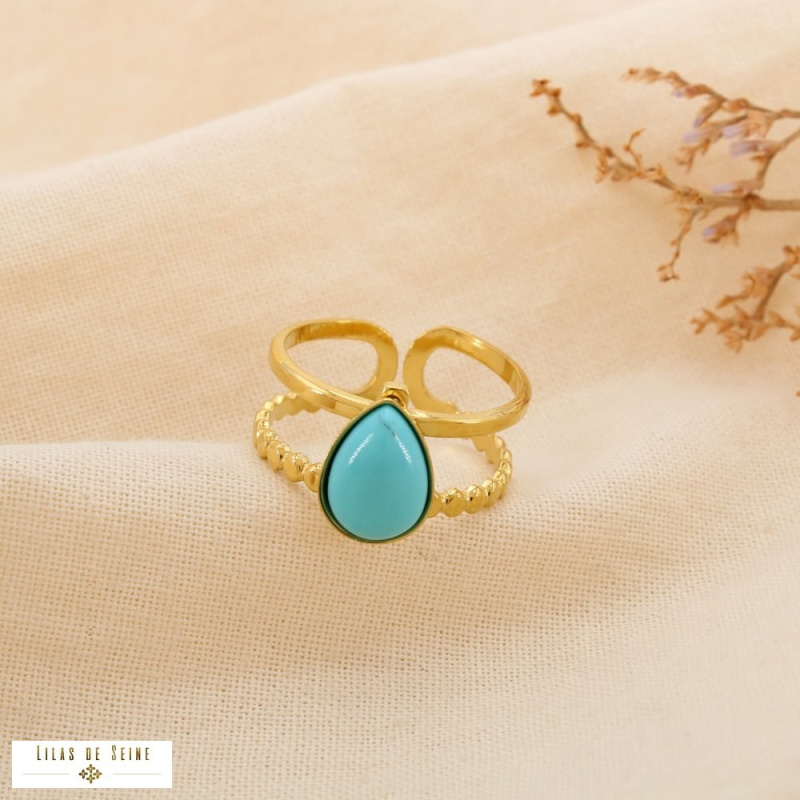 Bague double-anneaux acier inoxydable cabochon goutte naturel DANAE bleu turquoise