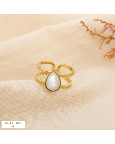 Bague double-anneaux acier inoxydable cabochon goutte naturel DANAE blanc