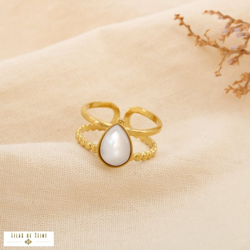 Bague double-anneaux acier inoxydable cabochon goutte naturel DANAE blanc