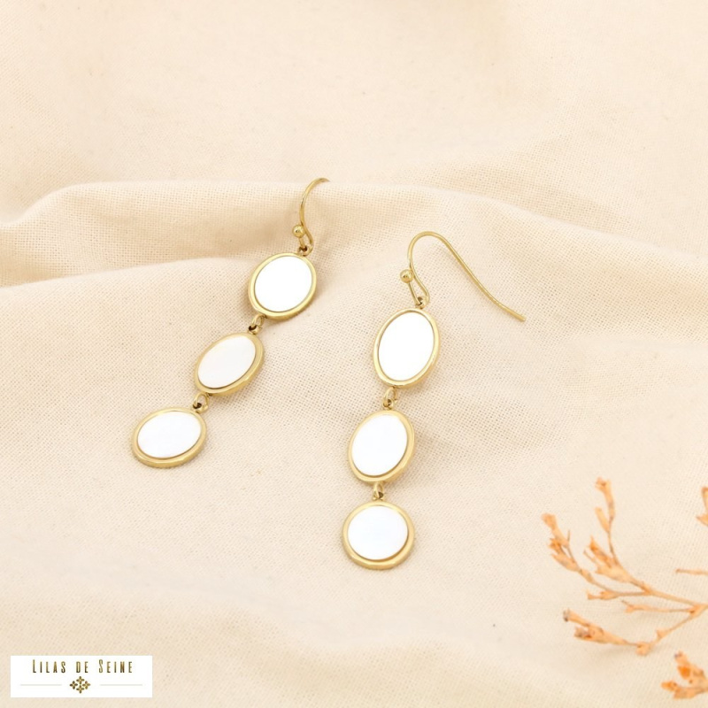 Boucles d’oreilles pendantes acier inoxydable goutte nacre naturelle MARYLOU blanc