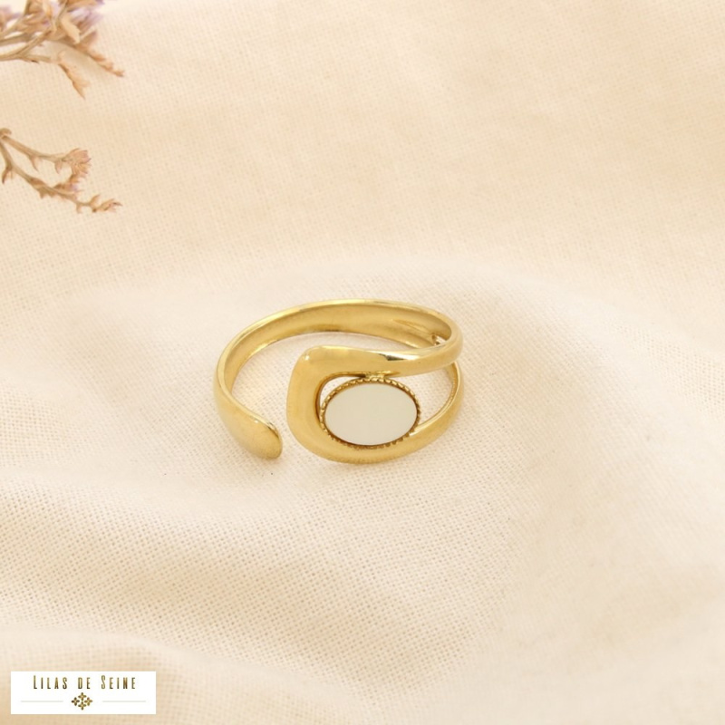Bague ouverte acier inoxydable goutte nacre naturelle MARYLOU blanc