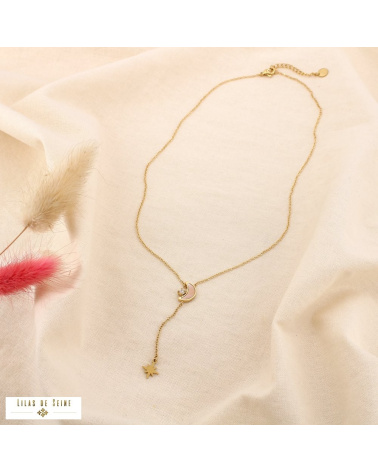 Collier Y acier inoxydable croissant de lune nacre MANUELA doré