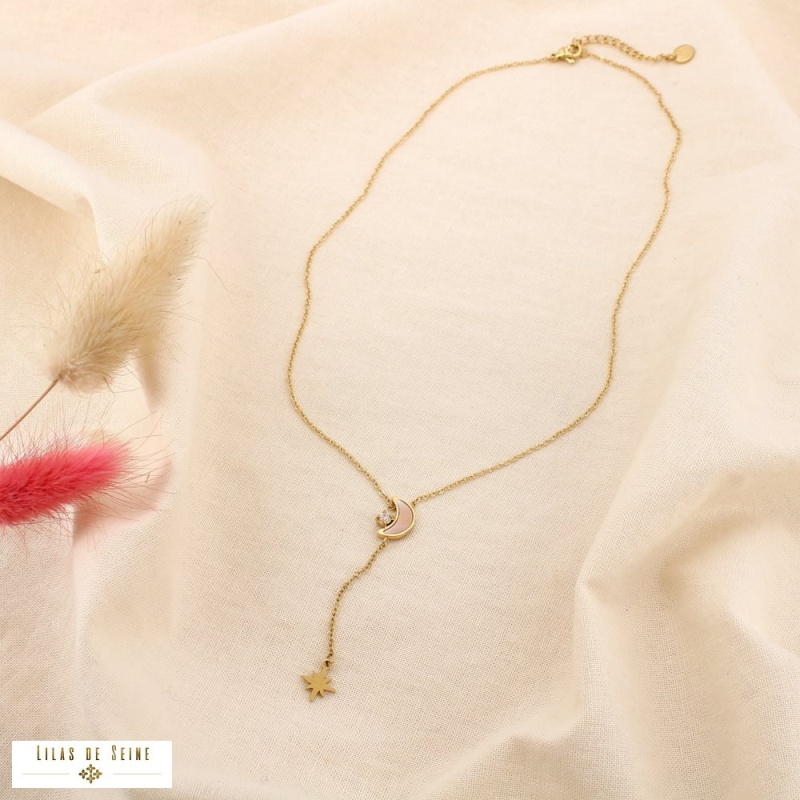 Collier Y acier inoxydable croissant de lune nacre MANUELA doré