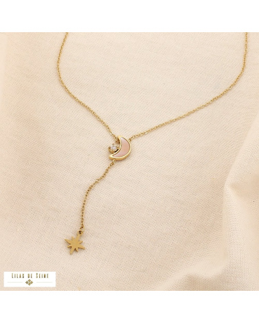 Collier Y acier inoxydable croissant de lune nacre MANUELA doré