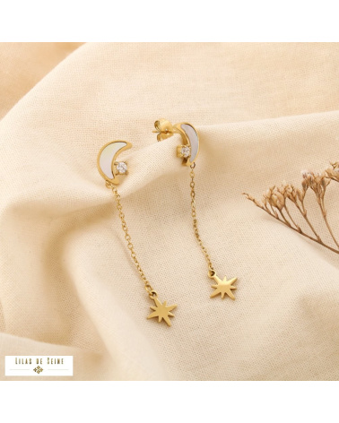 Boucles d’oreilles pendantes acier inoxydable croissant de lune nacre MANUELA doré