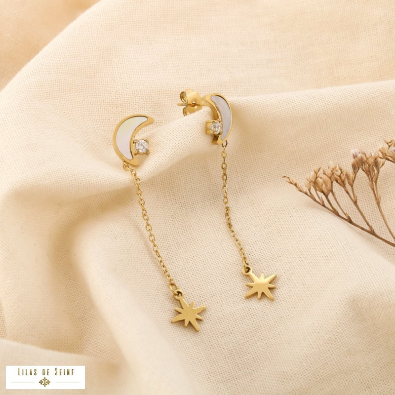 Boucles d’oreilles pendantes acier inoxydable croissant de lune nacre MANUELA doré