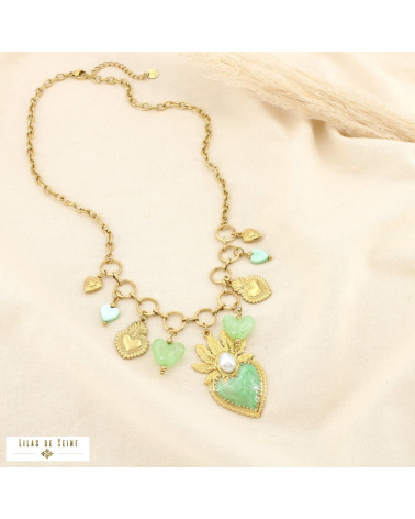 Collier CELINA acier inoxydable doré – Esprit bohème sacré & charme méditerranéen ✨ vert kaki