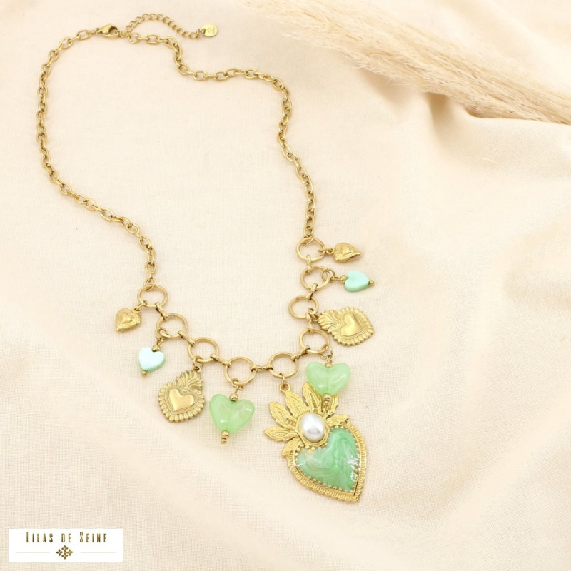 Collier CELINA acier inoxydable doré – Esprit bohème sacré & charme méditerranéen ✨ vert kaki