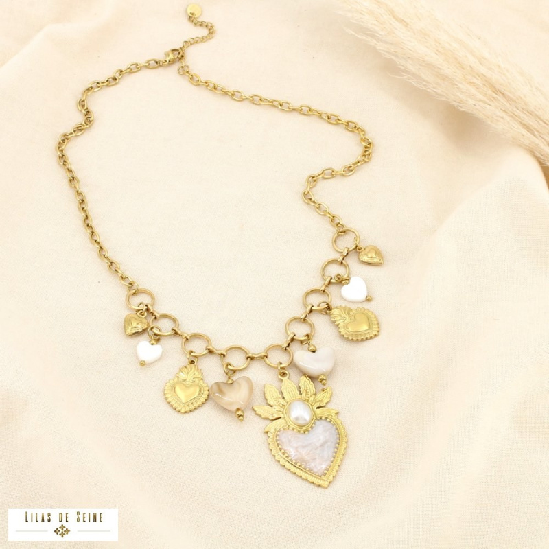 Collier CELINA acier inoxydable doré – Esprit bohème sacré & charme méditerranéen ✨ naturel/beige