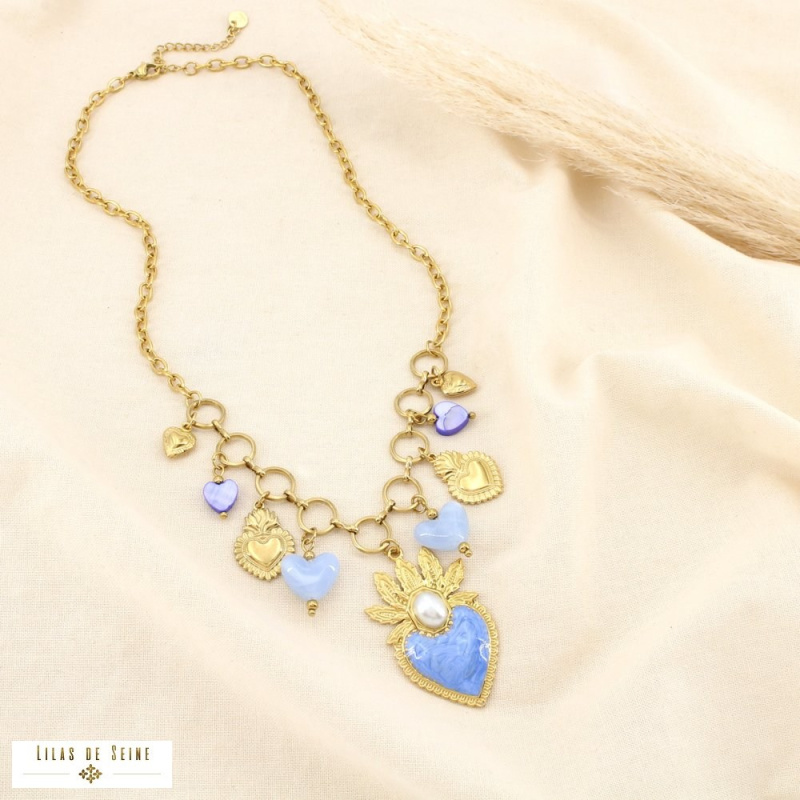 Collier CELINA acier inoxydable doré – Esprit bohème sacré & charme méditerranéen ✨ bleu