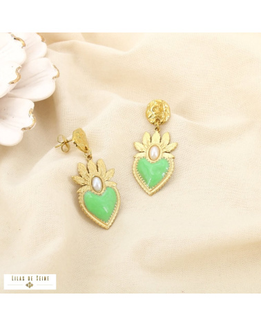 Boucles d’oreilles pendantes CELINA acier inoxydable doré – Esprit ex-voto & élégance méditerranéenne ✨ vert kaki