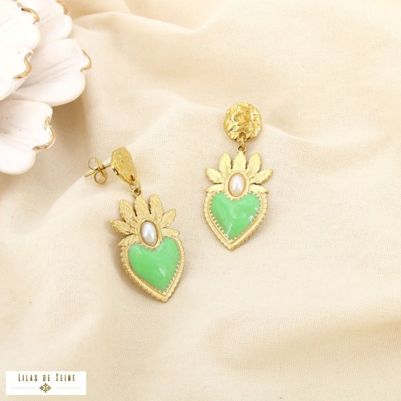Boucles d’oreilles pendantes CELINA acier inoxydable doré – Esprit ex-voto & élégance méditerranéenne ✨ vert kaki