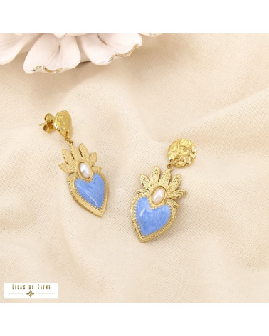 Boucles d’oreilles pendantes CELINA acier inoxydable doré – Esprit ex-voto & élégance méditerranéenne ✨ bleu
