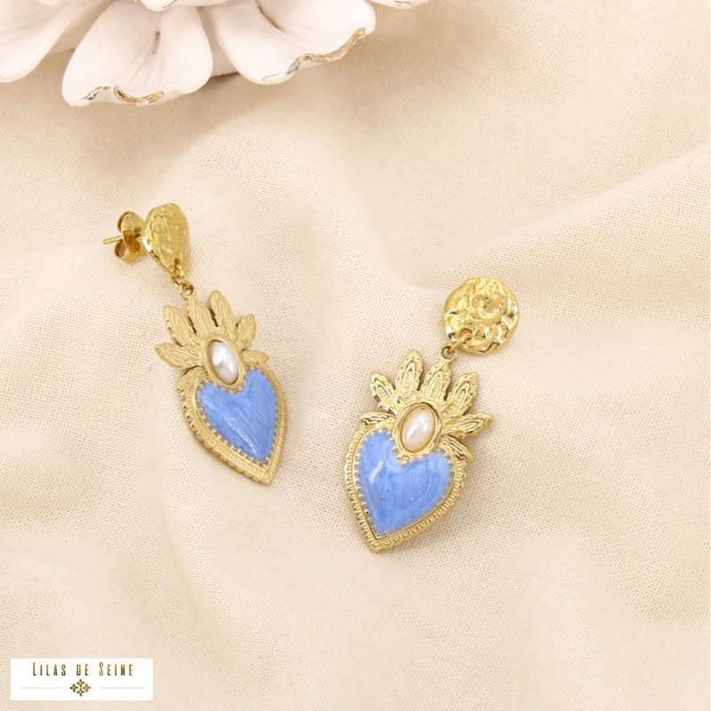 Boucles d’oreilles pendantes CELINA acier inoxydable doré – Esprit ex-voto & élégance méditerranéenne ✨ bleu