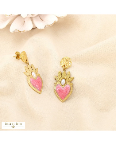 Boucles d’oreilles pendantes CELINA acier inoxydable doré – Esprit ex-voto & élégance méditerranéenne ✨ rose