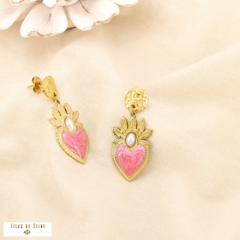 Boucles d’oreilles pendantes CELINA acier inoxydable doré – Esprit ex-voto & élégance méditerranéenne ✨ rose