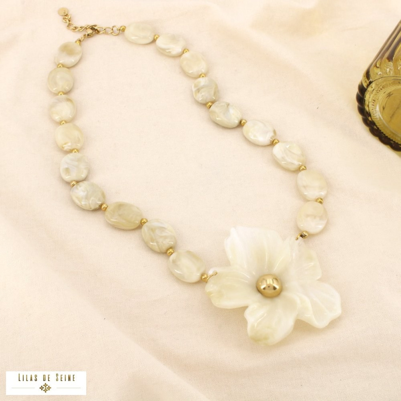 Collier DORIANE résine marbrée acier inoxydable doré 🌸 naturel/beige
