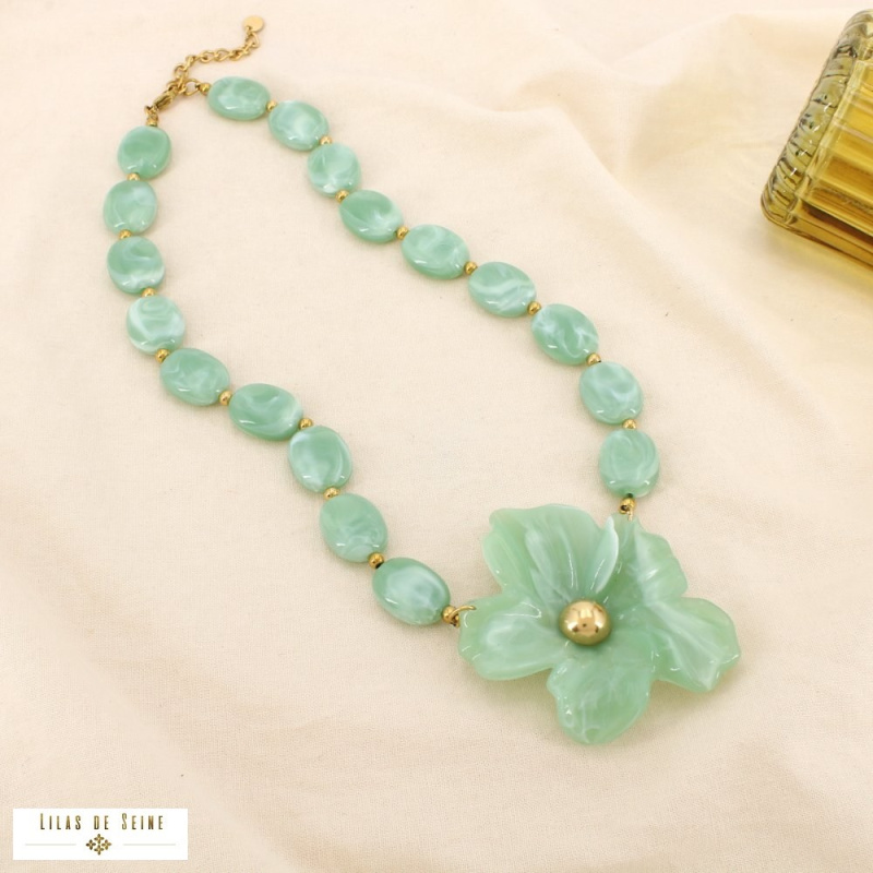 Collier DORIANE résine marbrée acier inoxydable doré 🌸 vert