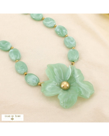 Collier DORIANE résine marbrée acier inoxydable doré 🌸 vert