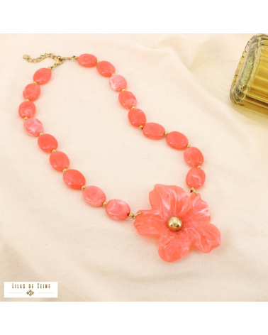 Collier DORIANE résine marbrée acier inoxydable doré 🌸 rouge corail