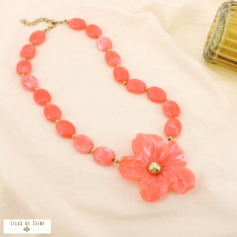 Collier DORIANE résine marbrée acier inoxydable doré 🌸 rouge corail