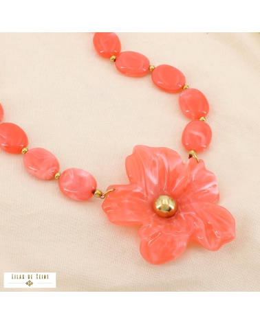 Collier DORIANE résine marbrée acier inoxydable doré 🌸 rouge corail
