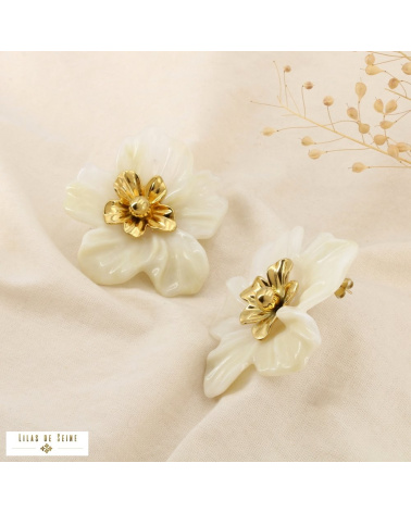Boucles d’oreilles XXL DORIANE résine marbrée acier inoxydable doré 🌸 naturel/beige