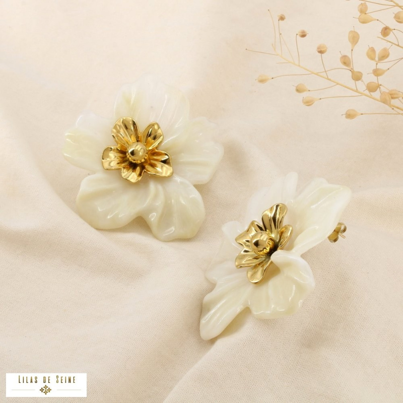 Boucles d’oreilles XXL DORIANE résine marbrée acier inoxydable doré 🌸 naturel/beige