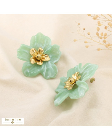 Boucles d’oreilles XXL DORIANE résine marbrée acier inoxydable doré 🌸 vert