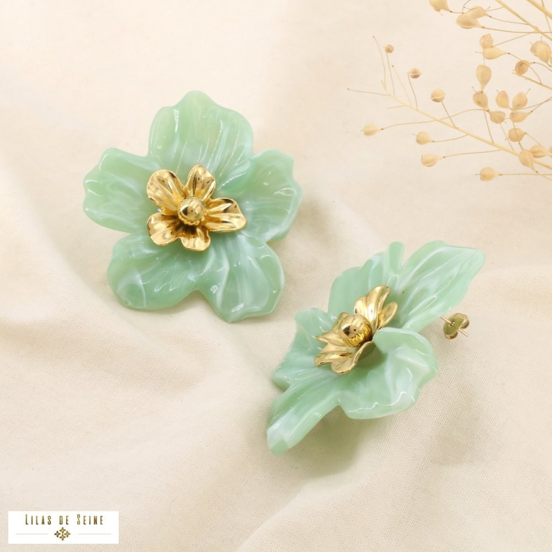 Boucles d’oreilles XXL DORIANE résine marbrée acier inoxydable doré 🌸 vert