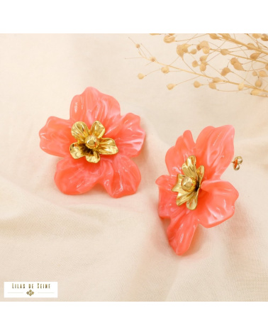 Boucles d’oreilles XXL DORIANE résine marbrée acier inoxydable doré 🌸 rouge corail