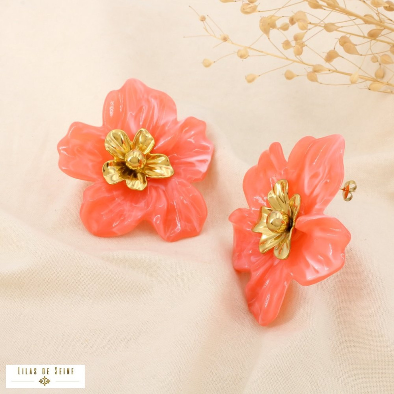 Boucles d’oreilles XXL DORIANE résine marbrée acier inoxydable doré 🌸 rouge corail
