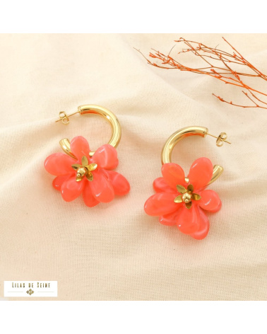 Créoles ouvertes DORIANE résine marbrée acier inoxydable doré 🌺 rouge corail