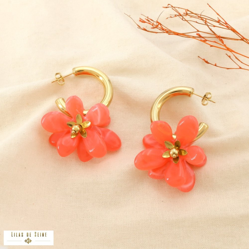 Créoles ouvertes DORIANE résine marbrée acier inoxydable doré 🌺 rouge corail