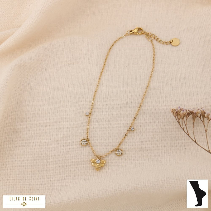 Chaine de cheville Abeille Strass Acier Inoxydable SAMANTHA doré