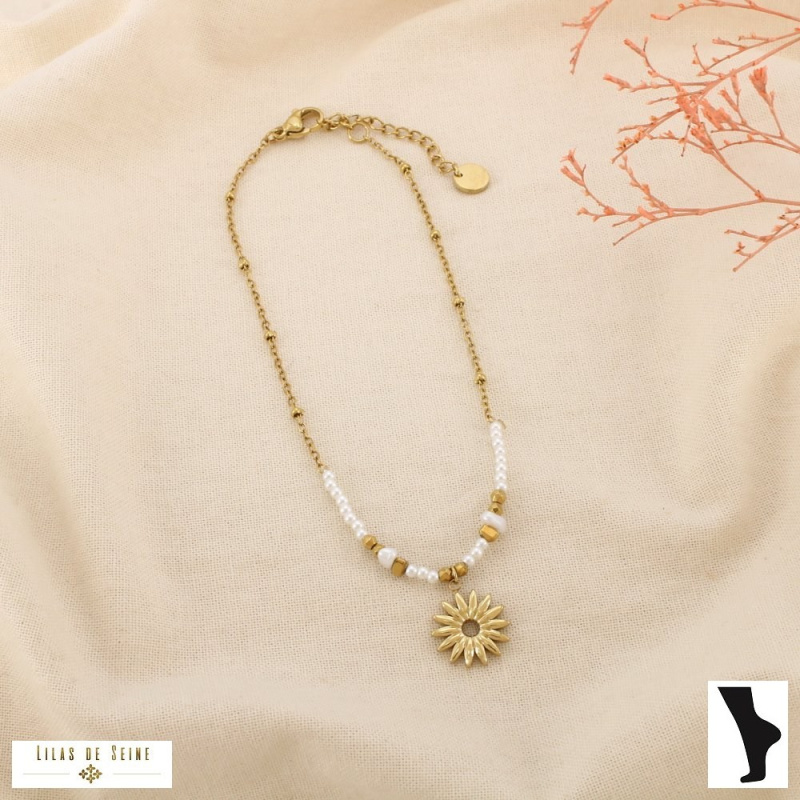 Chevillère Marguerite Acier Inoxydable Perles Nacrées PATRICIA doré