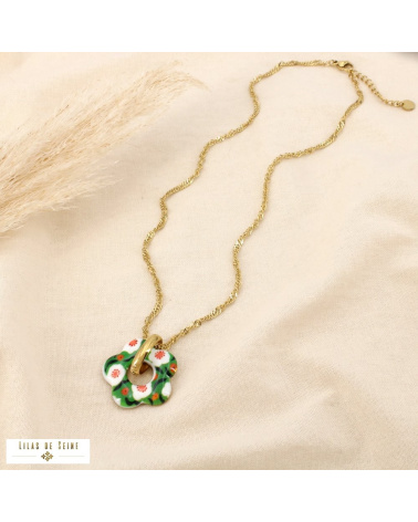 Collier Fleur Émaillée Acier Inoxydable Doré ALIENOR vert