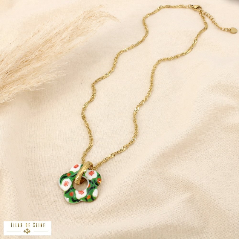 Collier Fleur Émaillée Acier Inoxydable Doré ALIENOR vert