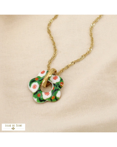 Collier Fleur Émaillée Acier Inoxydable Doré ALIENOR vert