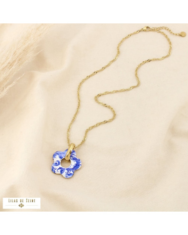 Collier Fleur Émaillée Acier Inoxydable Doré ALIENOR bleu