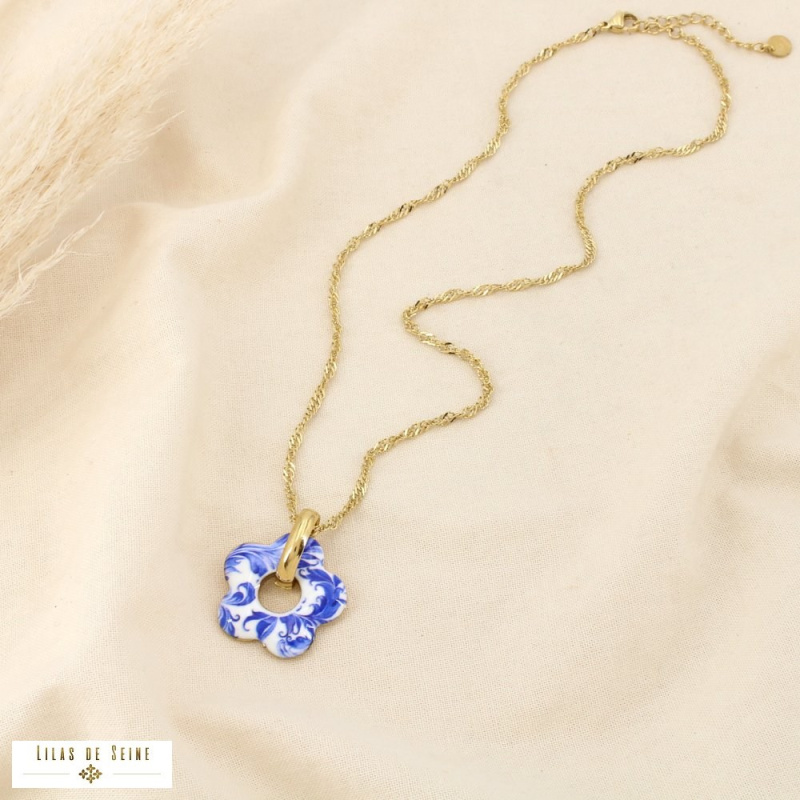 Collier Fleur Émaillée Acier Inoxydable Doré ALIENOR bleu