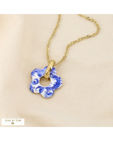 Collier Fleur Émaillée Acier Inoxydable Doré ALIENOR bleu
