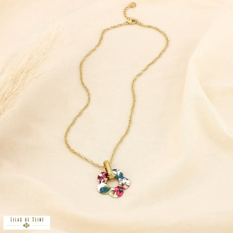 Collier Fleur Émaillée Acier Inoxydable Doré ALIENOR fushia