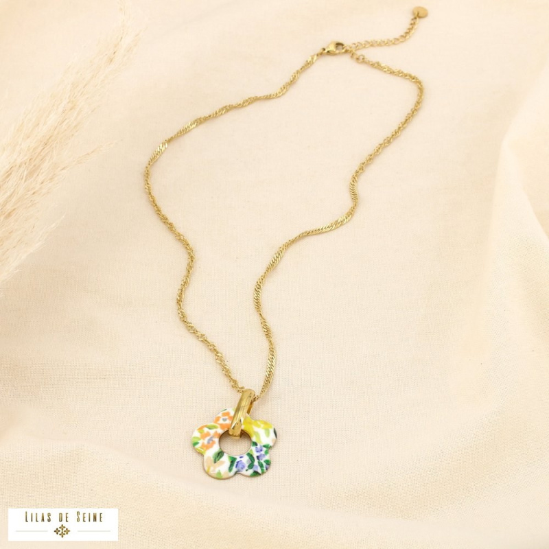 Collier Fleur Émaillée Acier Inoxydable Doré ALIENOR cognac