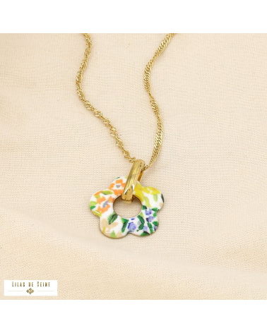 Collier Fleur Émaillée Acier Inoxydable Doré ALIENOR cognac