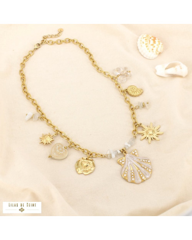 Collier Acier Inoxydable Breloques Coquillage Soleil Cœur Papillon CASSANDRE naturel/beige