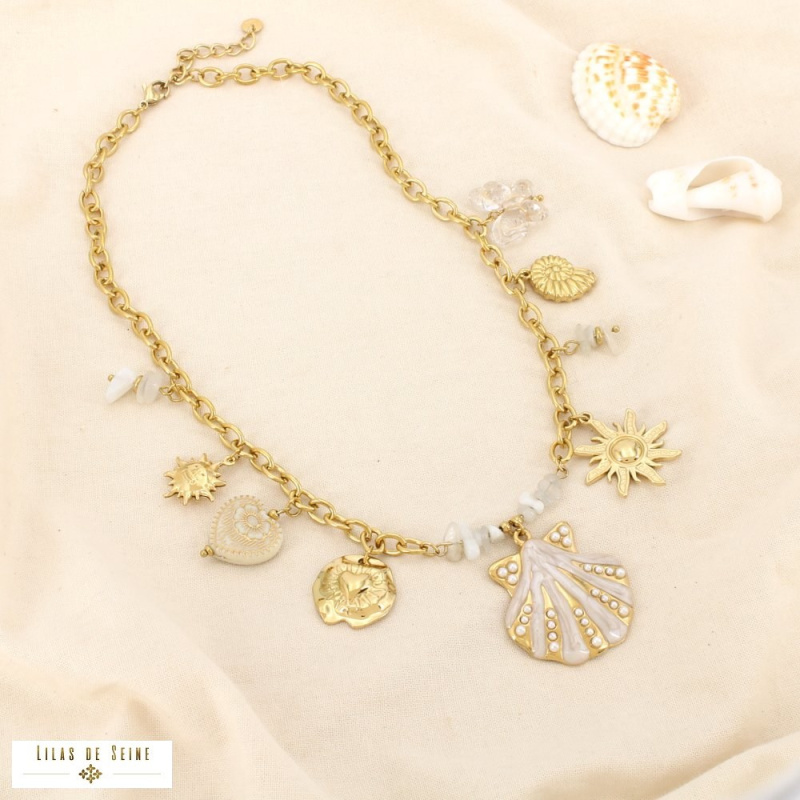 Collier Acier Inoxydable Breloques Coquillage Soleil Cœur Papillon CASSANDRE naturel/beige