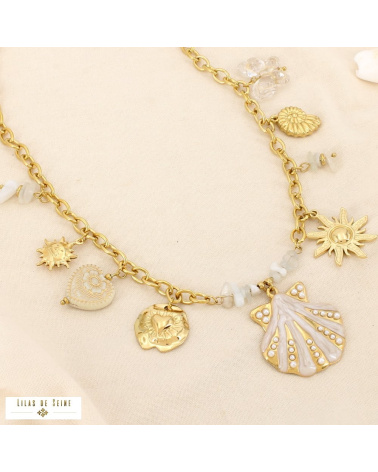 Collier Acier Inoxydable Breloques Coquillage Soleil Cœur Papillon CASSANDRE naturel/beige