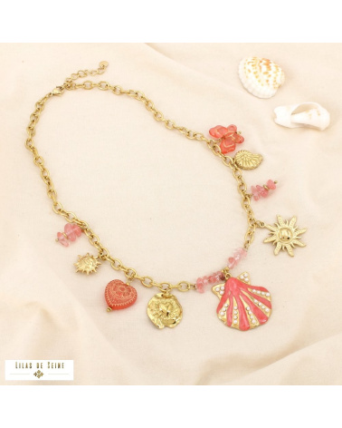 Collier Acier Inoxydable Breloques Coquillage Soleil Cœur Papillon CASSANDRE rouge