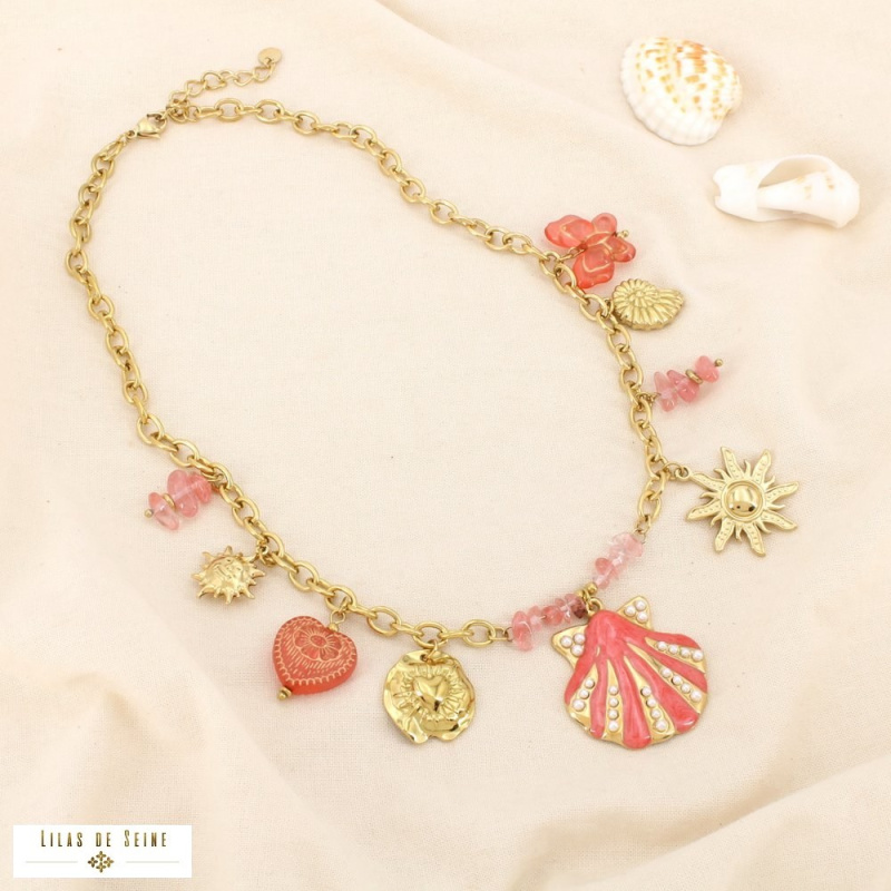 Collier Acier Inoxydable Breloques Coquillage Soleil Cœur Papillon CASSANDRE rouge